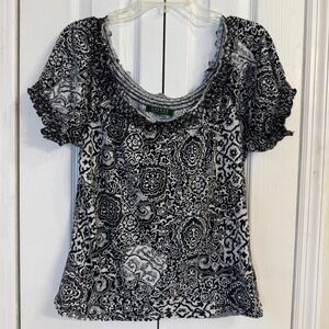 ✨Lauren Ralph Lauren Peasant Top Black White Print Ruffle‎ Neck Short Sleeve M